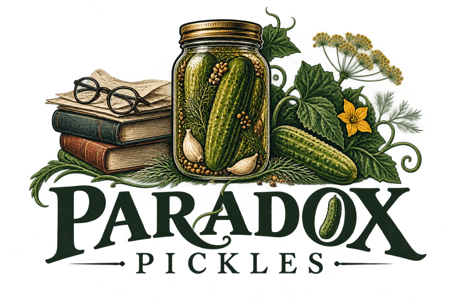 Paradox Pickles logo featuring a jar of pickles surrounded by cucumber vines, dill, books, papers, and eyeglasses in a vintage botanical illustration style.