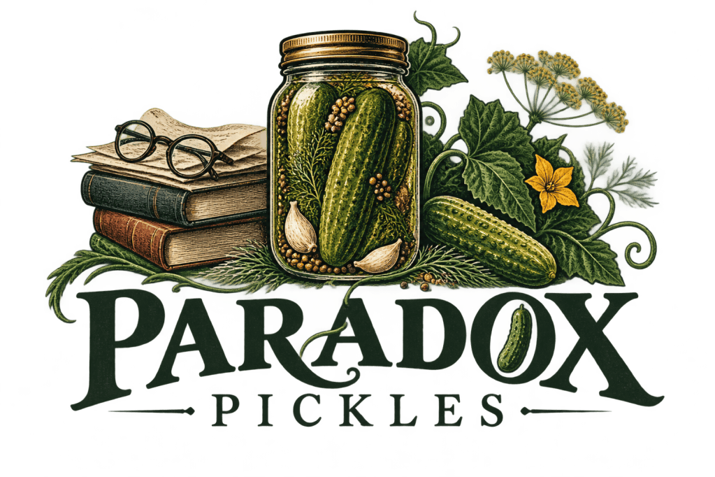 Paradox Pickles logo featuring a jar of pickles surrounded by cucumber vines, dill, books, papers, and eyeglasses in a vintage botanical illustration style.